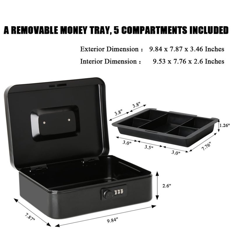 Jssmst Large Cash Box with Combination Lock â€“ Durable Metal Cash Box with Money Tray Black(9.8 x 7.9 x 3.5), SM-CB07001L - Image 3